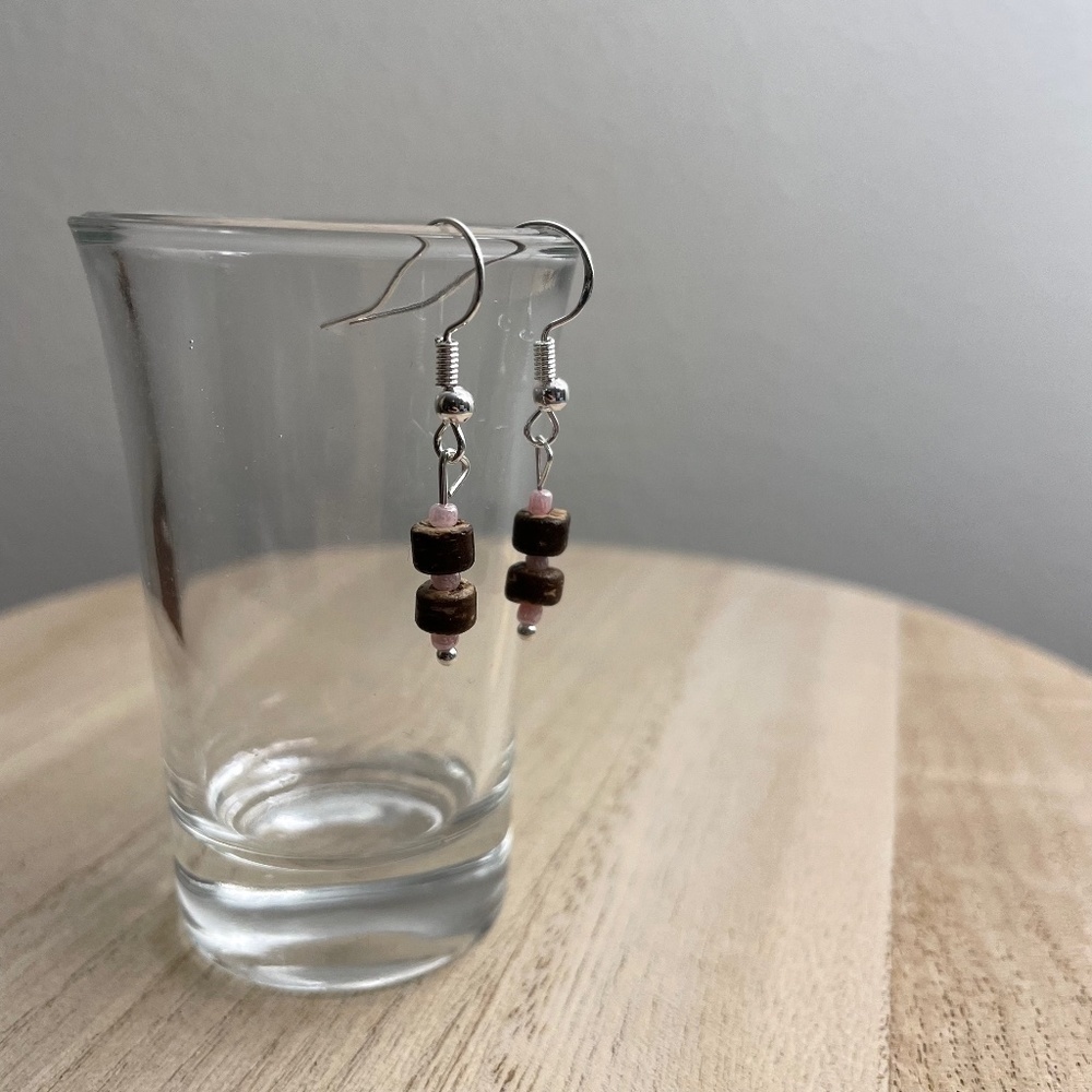 Pink‎ Wood Beaded Earrings